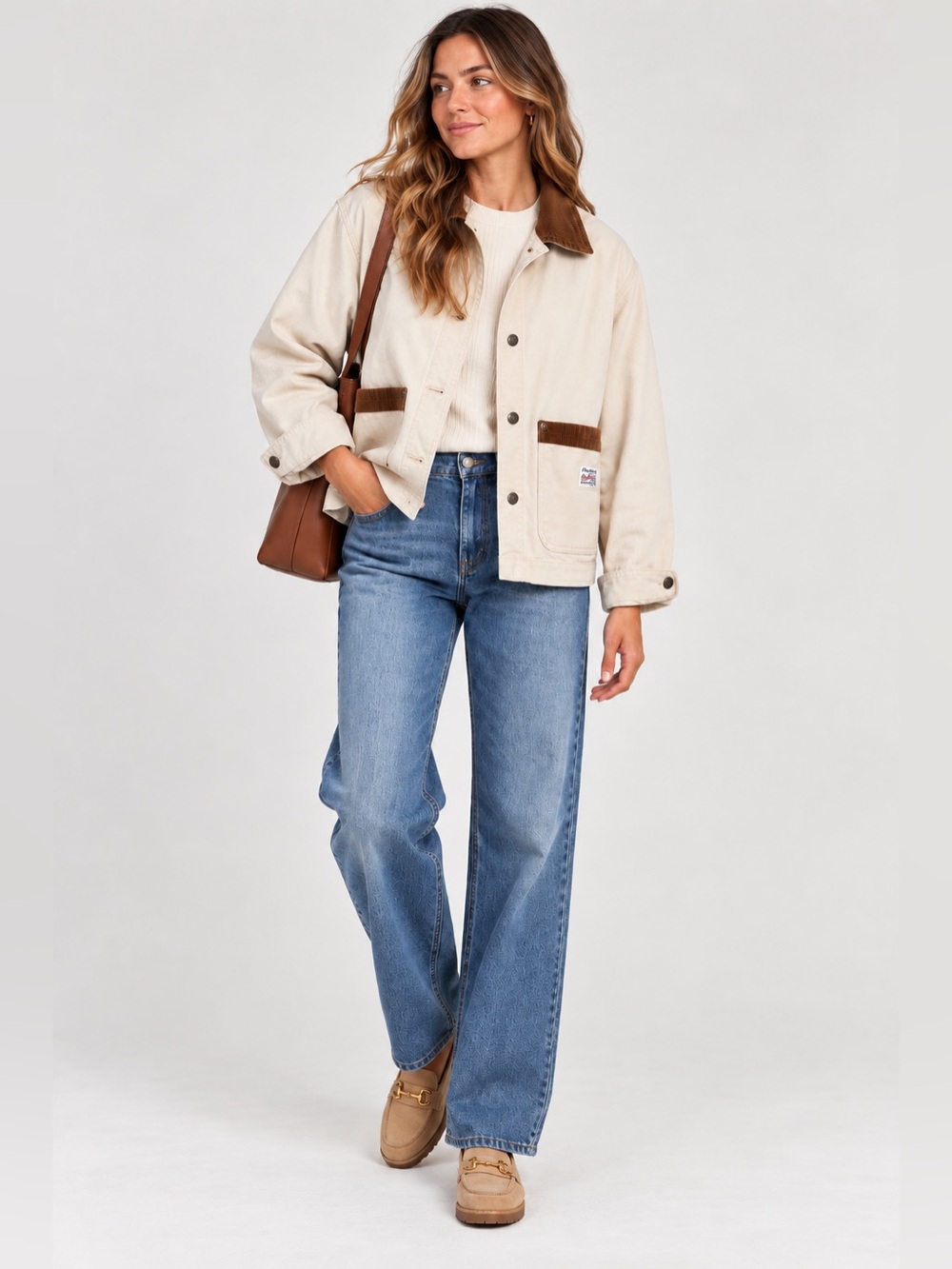 Old Navy Women’s Cream Barn Jacket with Brown Corduroy Collar & Pocket Trim